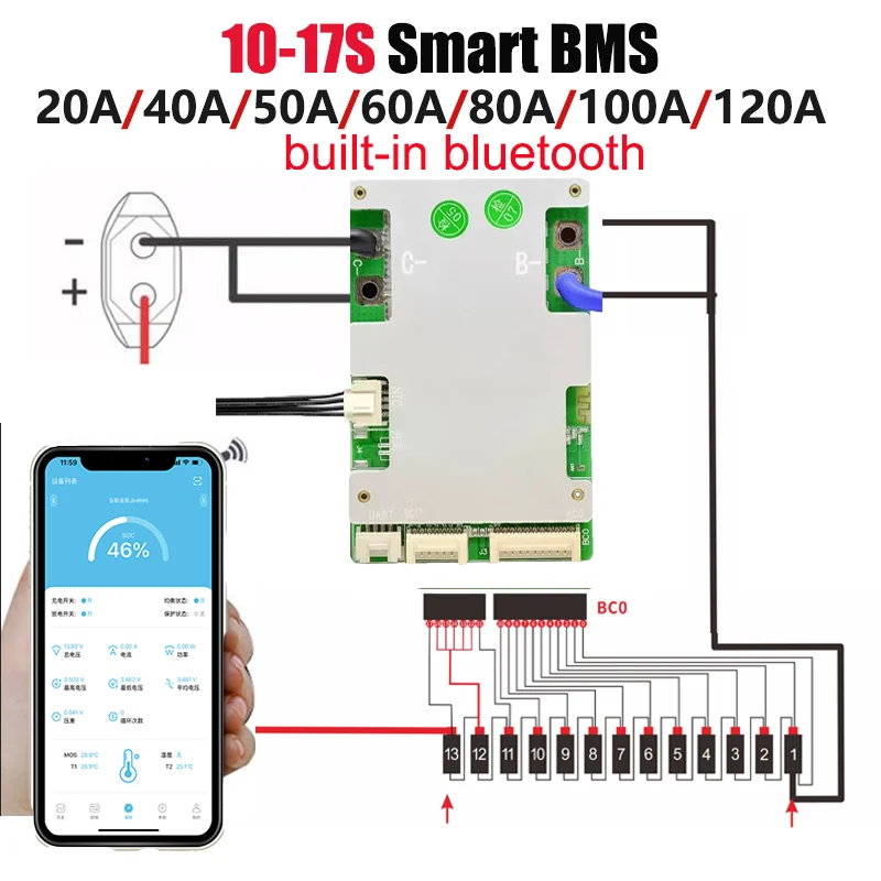 JBD 스마트 BMS 리튬 배터리 보호 보드, 내장 BT, 10S, 13S, 16S, 17S, LifePo4 NMC, 36V, 48V, BMS, 20A, 40A, 50A, 60A, 80A, 100A, 120A