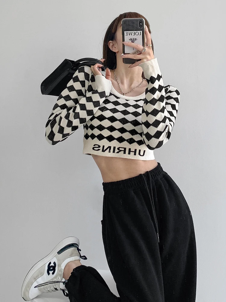 Women Contrast Color Rhombus Plaid Crop Pullover Crew-neck Long Sleeve Sweater Female Retro Slim Knitwear French Style Elegance - AliExpress