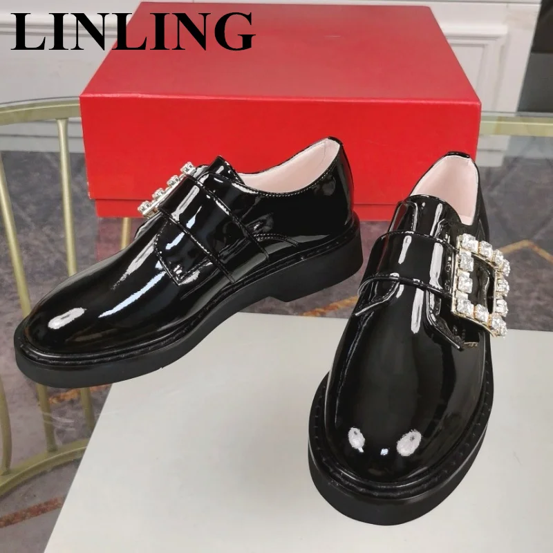 

Fashion Patent Leather Womens Loafers Crystal Buckle Strap Decor Casual Shoes Woman Designer Round Toe Slip On Flats Dress Shoes