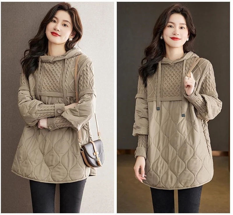 Down Cotton Jacket 2025 Comfortable Elegant Loose Women's Winter Parka Hooded Splicing Appear Thin Female Knitting Jacket