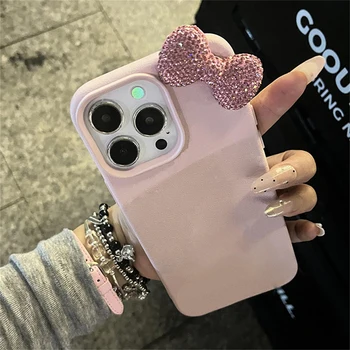 Alternative view of Luxury Rhinestone Bow Litchi Pattern Leather Shockproof Phone Case For iPhone 16 15 14 13 12 11 17 Pro Max X XS 7 Plus Soft Case