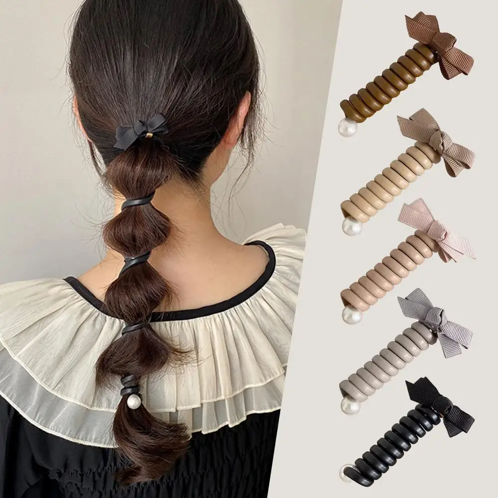 

New Telephone Wire Bow Pearl Hair Bands Scrunchies Ponytail Accessories Fashion Holder Elasticity Hair High Girls Wo L4S5