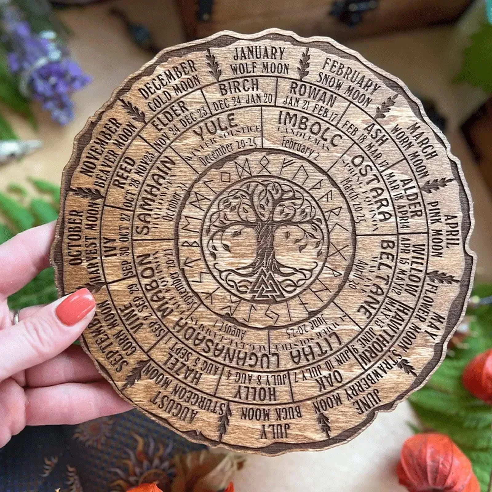 Tree Calendar Wheel Of The Year Wood Sign Tree Of Life Calendar Witchcraft Witchy Planner Witch Altar Wall Calendar Food 5