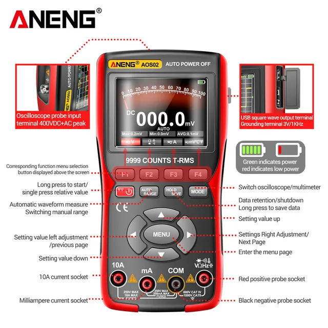 ANENG AOS02 Digital Oscilloscope Transistor Test Multimeter 48MS/s Sampling Rate 10MHZ Analog Bandwidth Support Waveform Storage 6