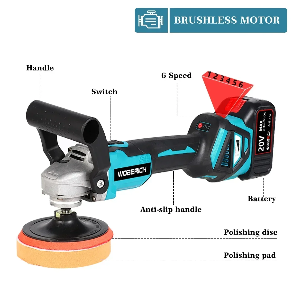Brushless Impact Angle Grinder Electric Polishing Machine 6 Gears Car Polisher Rechargeable Grinding Machine for Makita Battery