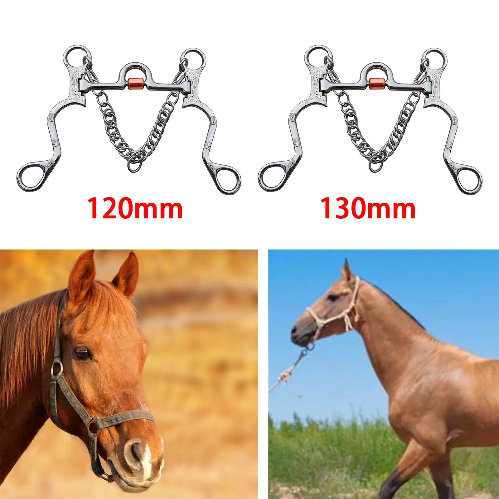 Horse Bit Copper Mouth Copper Roller with Curb Hooks Chain Cheek Stainless Steel Cheek Harness for Equestrian Horse Bridle