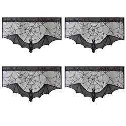 Halloween Lace Curtain Black Bat Spider Tablecloth & Fireplace Mantel Scarf - Cobweb Horror Decoration - 95x57cm (4pc)