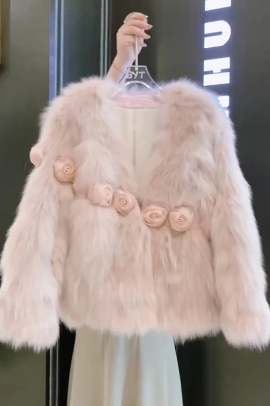 Korean Princess Style Faux Fox Fur Eco-friendly Fur Women's Coat 2023 Autumn Winter Fashion Long Sleeve V-neck Stitching Coat