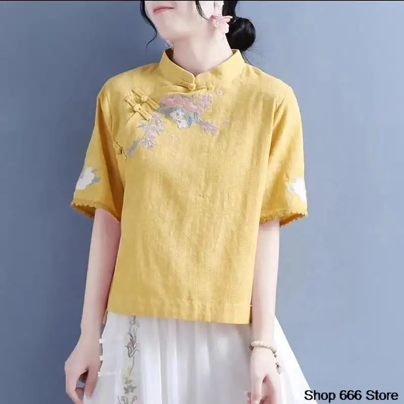 Spring Summer Cotton Linen Solid Color Standing Collar Women's Short Sleeve Top Chinese Style Retro Zen T-shirt Tang Suit Hanfu