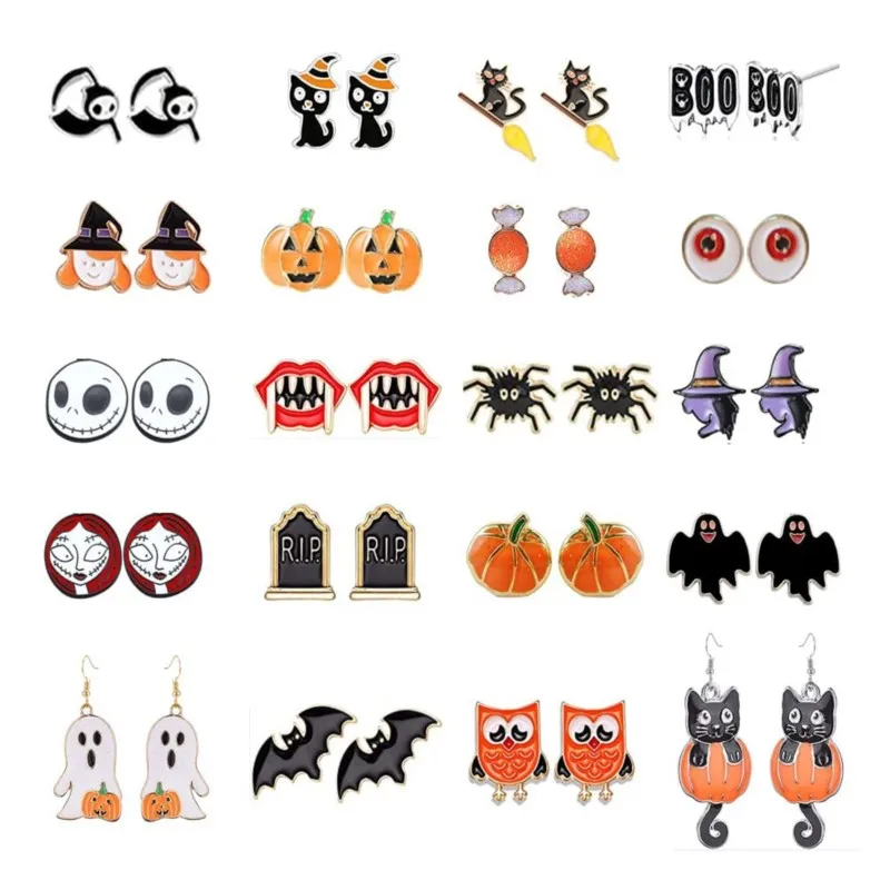 20 Pairs Halloween Cartoon Stud Earrings for Women 2024 New Fashion Spider Pumpkin Ghost festive Earrings Fashion Party Jewelry