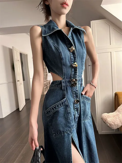 Robe Longue en Denim pour Femme, Tenue de Loisirs Ajourée à la