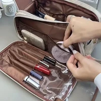 Multifunctional Makeup Bag For Women PU Leather Large Capacity Portable Double Zipper Travel Makeup Brush Toiletries Storage Bag 5