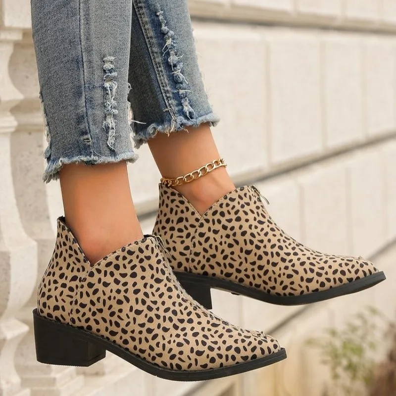 Autumn/Winter New Trade Women's Single Boot Large Leopard Print Front Zipper Square Heel Short Boots for Women Plus Size 42