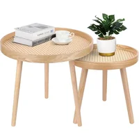 Round Coffee Table Set of 2, Small Mid Century Modern Rattan Coffee Table, Boho Side Table End Tables for Living Room Bedroom 1