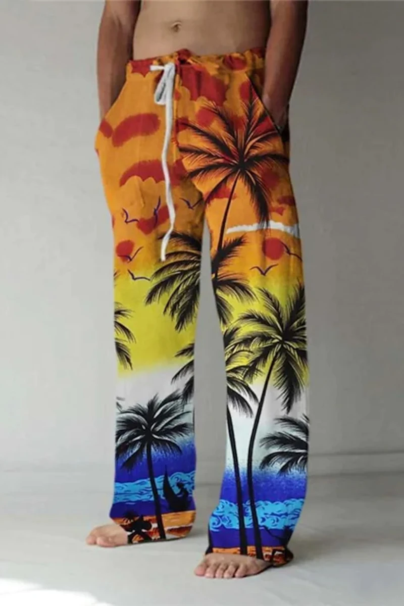 

Hawaiian Print Tropical Pattern Men Straight Slacks Outside Ride Daily Casual Street Style XS-8XL