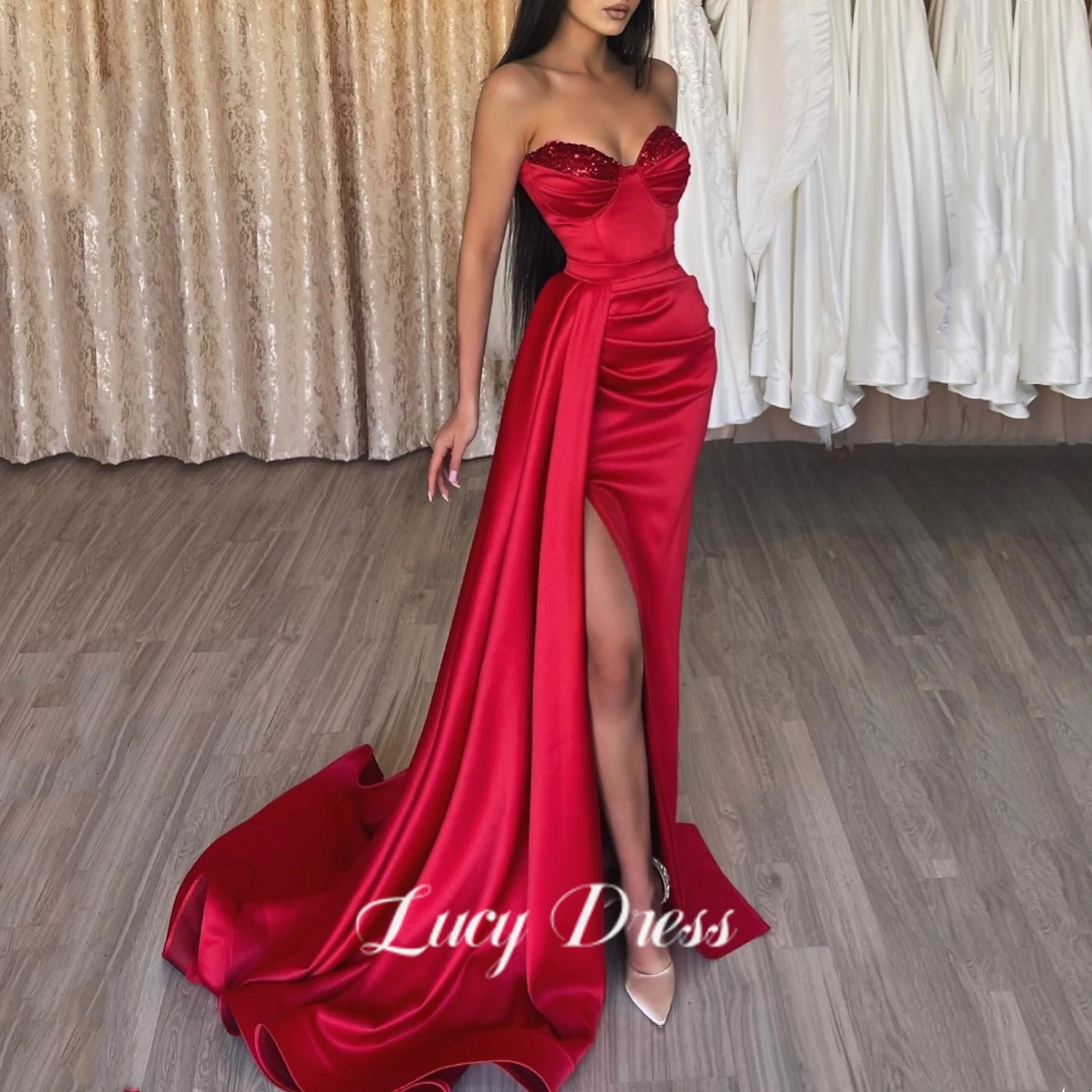 

Lucy Red Beadings Mermaid Evening Dresses Off Shoulder Africa Side Slit Bodycon Celebrity Prom Dress Dubai Pleated Formal Gown