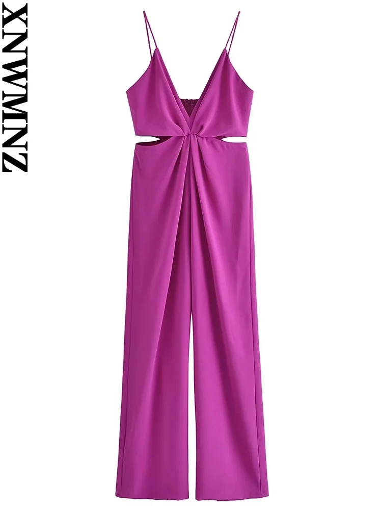 XNWMNZ Women Fashion New Cut Out Jumpsuit High Street V-neck Thin Straps Open Waist Wide Leg Female Chic Jumpsuit