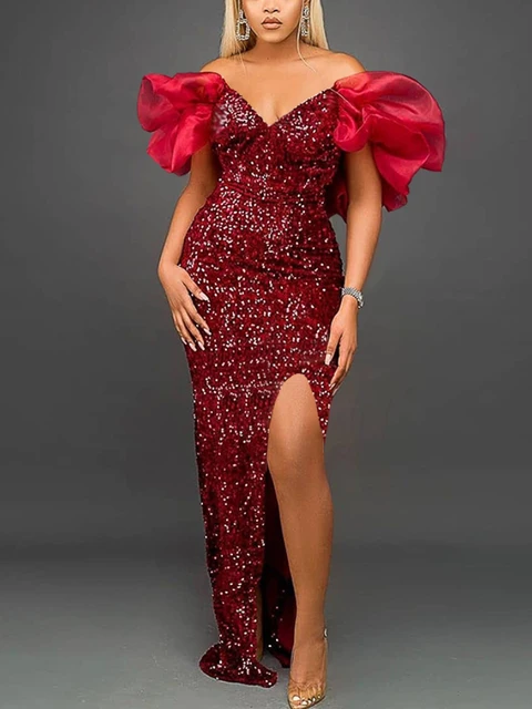 Seun Sequin Off Shoulder Fluffy Sleeve High Slit Long Gown