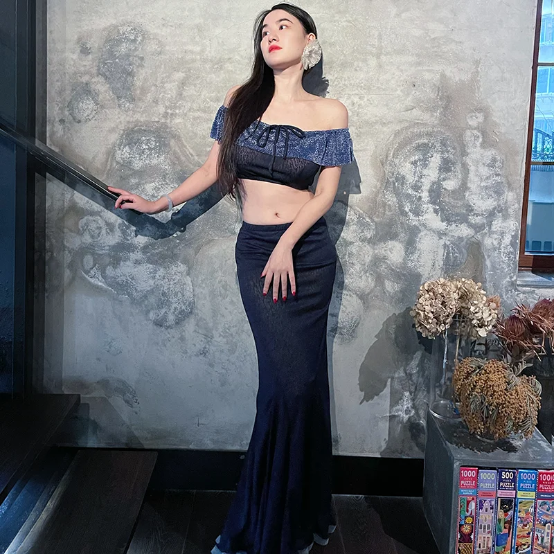 

Belly Dance Performance Costume Training Costume Oriental Belly Dance 3 Piece Set 2022 New Autumn and Winter Palace Lace Dress B