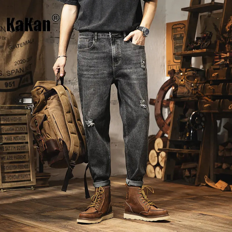 Kakan - European and American New Vintage Jeans for Men In Spring and Summer, with Holes and Loose Feet and Cropped Jeans 20-511