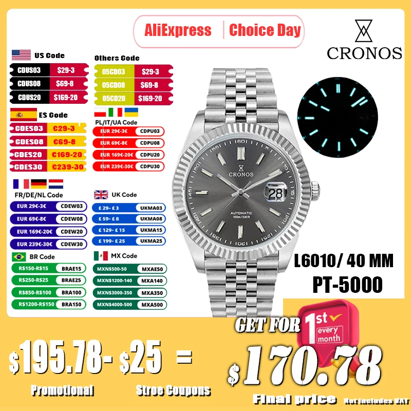 Cronos Date Luxury Dress Watch For Men Stainless Steel 5 Links Bracelet Copper-Nickel Platinum PVD Bezel 100m Waterproof