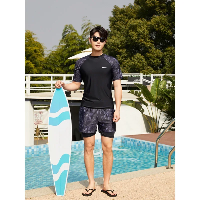 Men's 2pcs/set Rash Guards Short Sleeve Quick-Dry Dive Skin Sun Protection Compression Swim Shirts and Trunks Swimsuit Beachwear