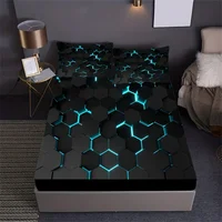 Blue 3D Hexagonal Honeycomb Geometry Print Fitted Sheet Set Column Mosaic Art Neon Mattress Covers Bedding Set With Deep Pocket 4