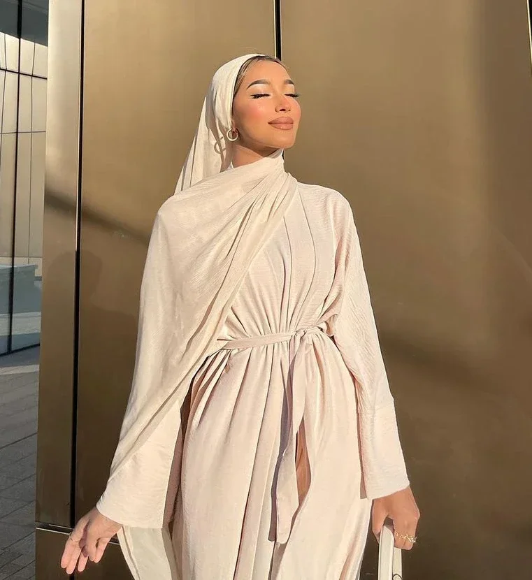 

Muslim Woman 2 Piece Set Matching Outfits Abaya Kimono Sleeveless Inner Dress Dubai Turkish Modesty Eid Ramadan Islamic Clothing