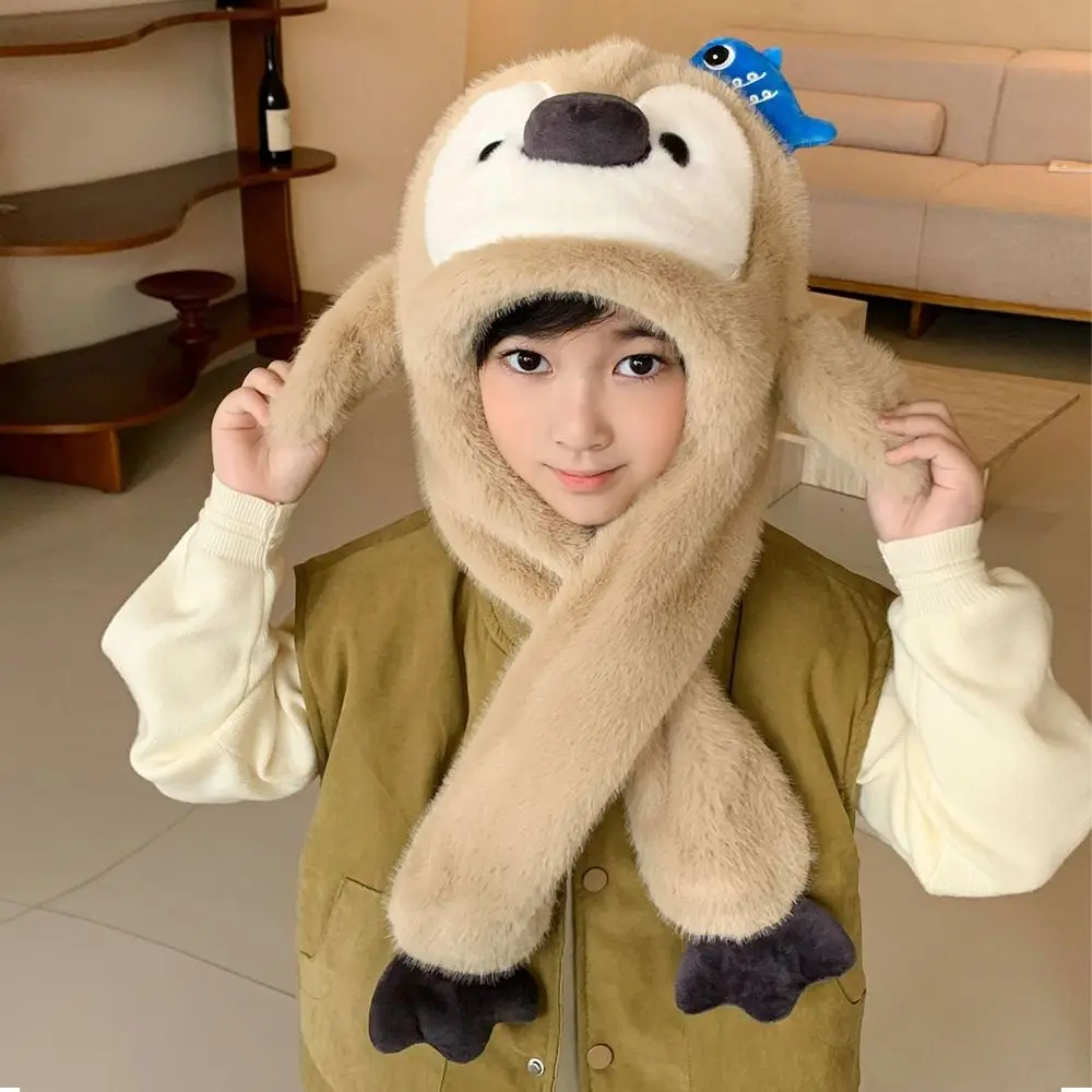 Fluffy Ear Protection Cap Solid Color Fleece Lined Penguin Ear Moving Hat Windproof Thermal Cartoon Penguin Hat Cold Weather