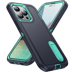 Anti-Slip Dual Layer Protective Case with Stand Holder for iPhone - Strong and Durable Cover (Blue Cyan)