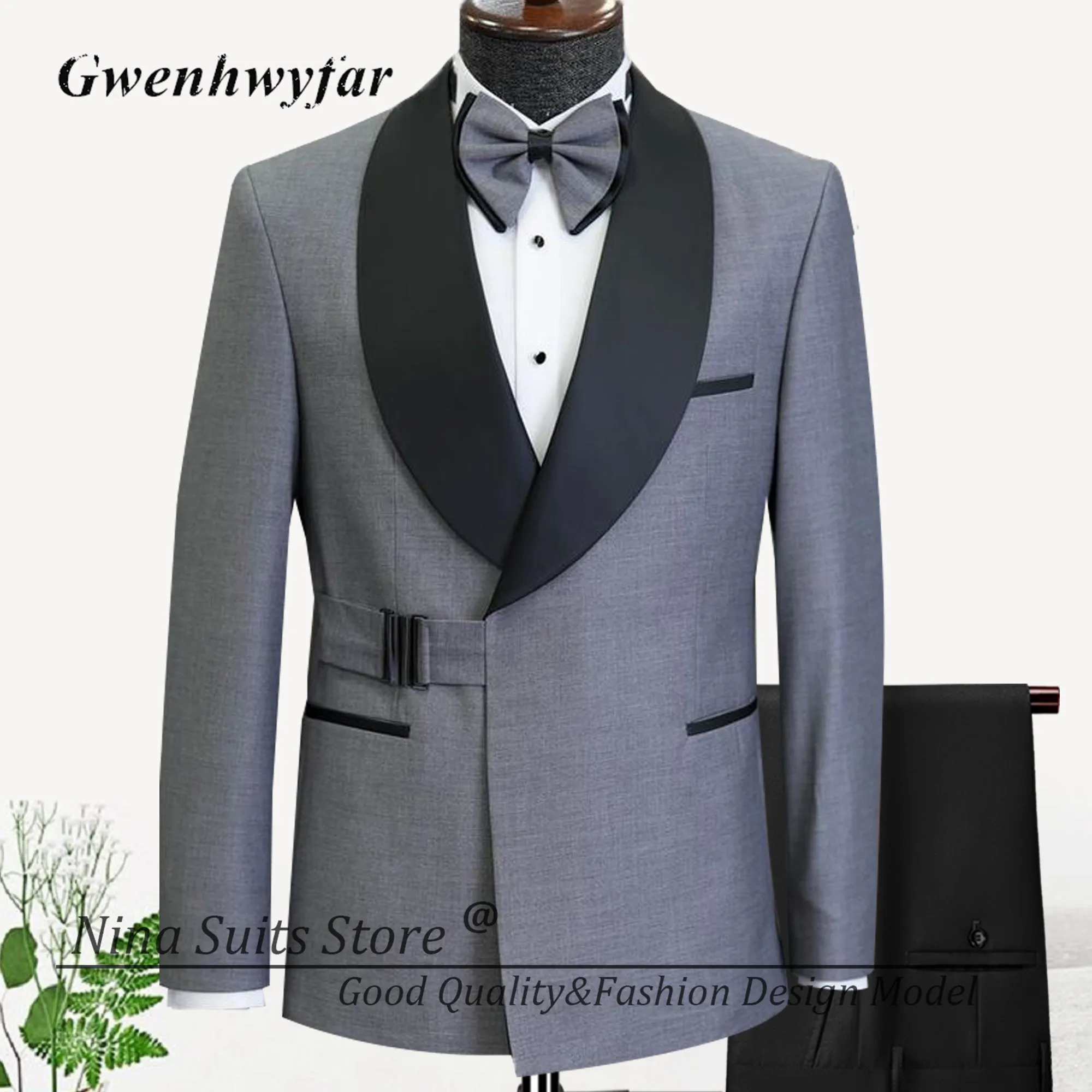 G&N Men Suit Grey Blazer with Black Buckle Fashion Designed Wedding Groom Tuxedos 2 Pieces Suit Shawl Lapel Jacket Pants set