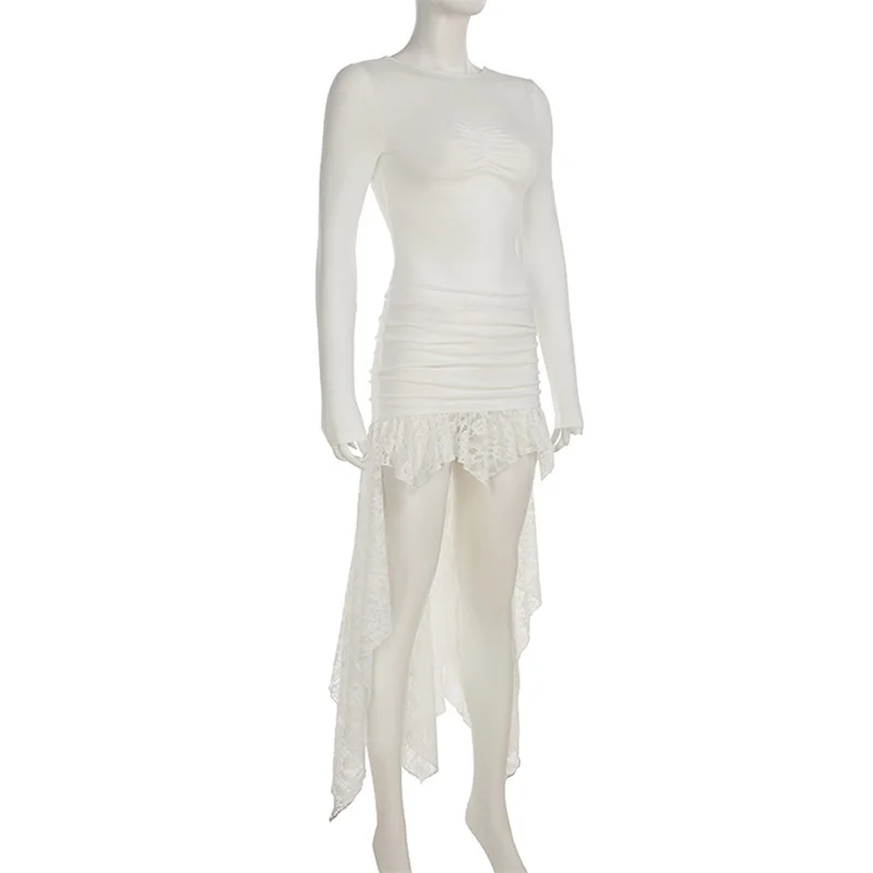 y2k Lace Patchwork Dress Women Clothes Round Neck Long Sleeve Backless Asymmetrical Hem Long Dresses Party Dresses