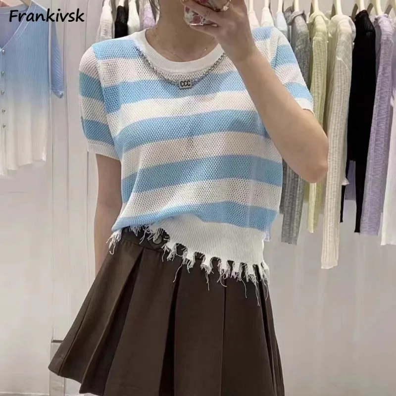 

Women Vintage T-shirts Rough Edge Striped Korean Classical Casual Youthful Summer Short Sleeve Loose Breathable Clothing Cozy