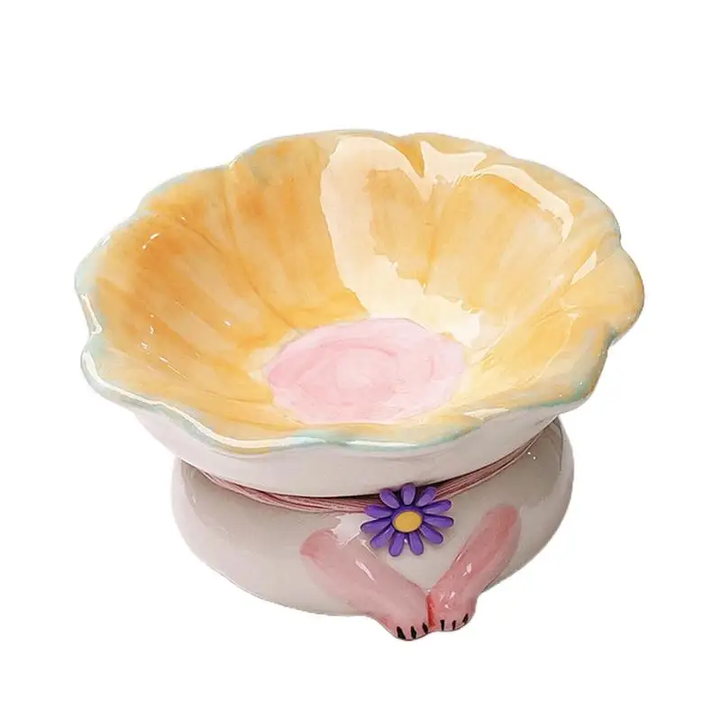 

Raised Cat Bowl Ceramic Cat Food Water Bowl Flower Shaped Cat Feeding Bowls With Non-slip Base Tilted Shallow Pet Feeder For