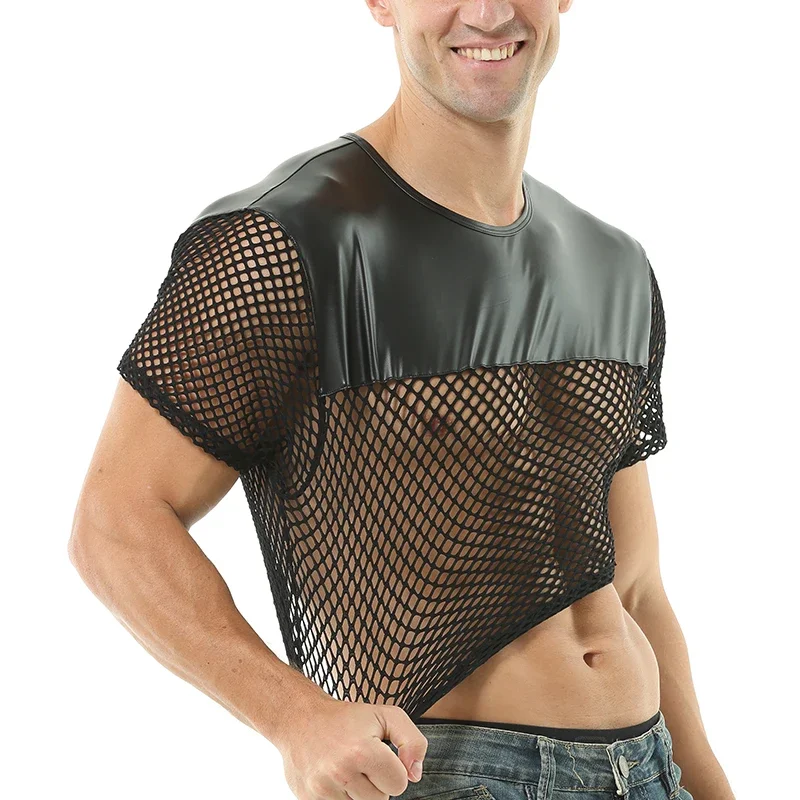 Men Leather Mesh Tops See Through Cropped T-shirts Transparent Fishnet Tee Short Sleeve Shirts Night Clubwear