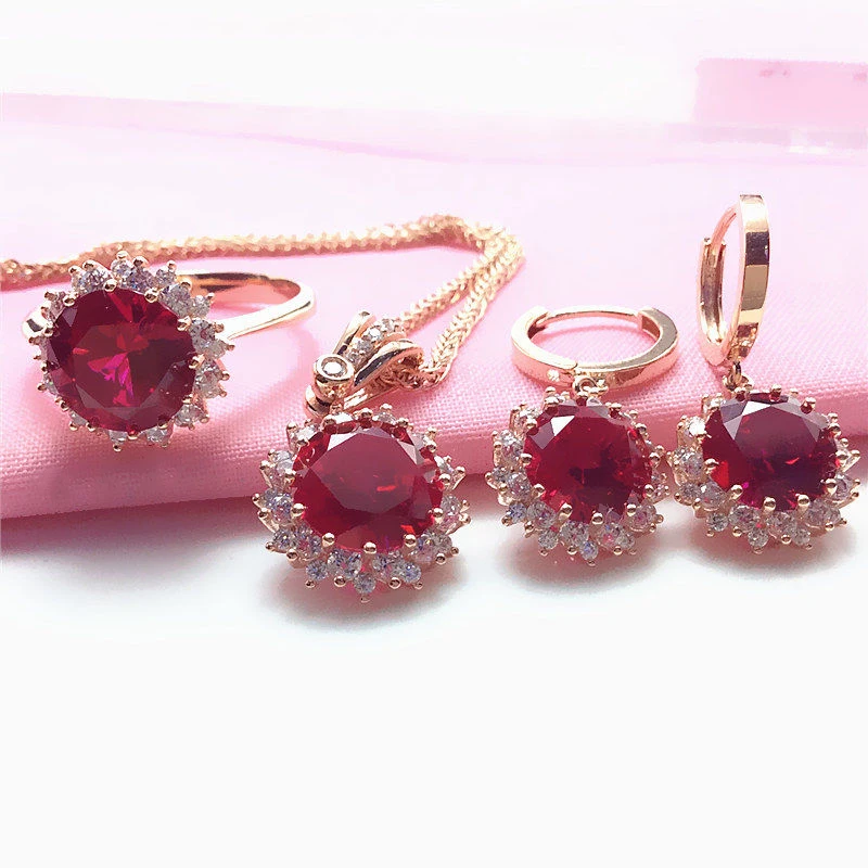 585 Purple Gold Ruby Flower Jewelry Sets 14K Rose Gold