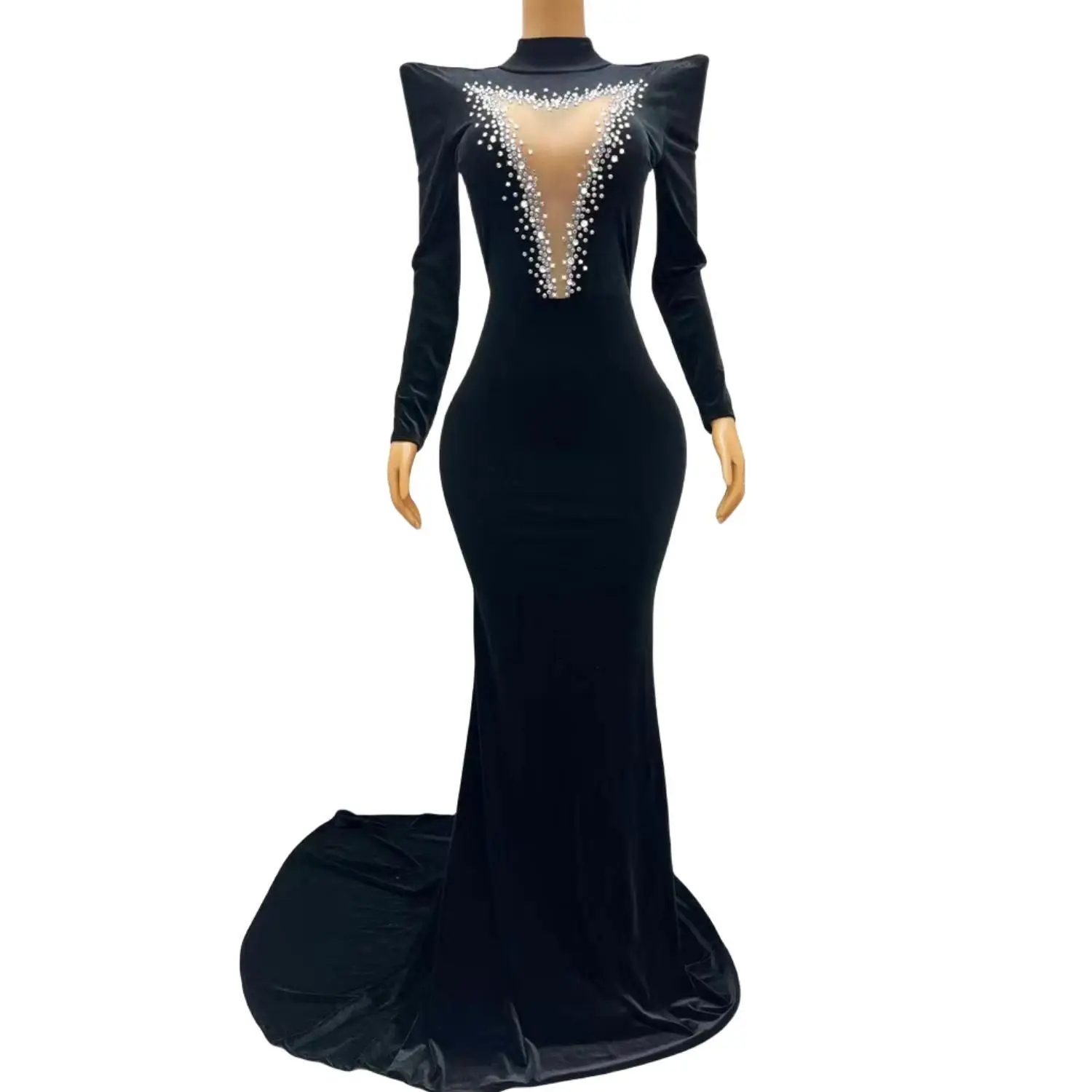 

Sparkly Rhinestone Black Velvet Dress Women's Evening Prom Party Backless Dresses Floor-length Performance Stage Wear Heirongcha