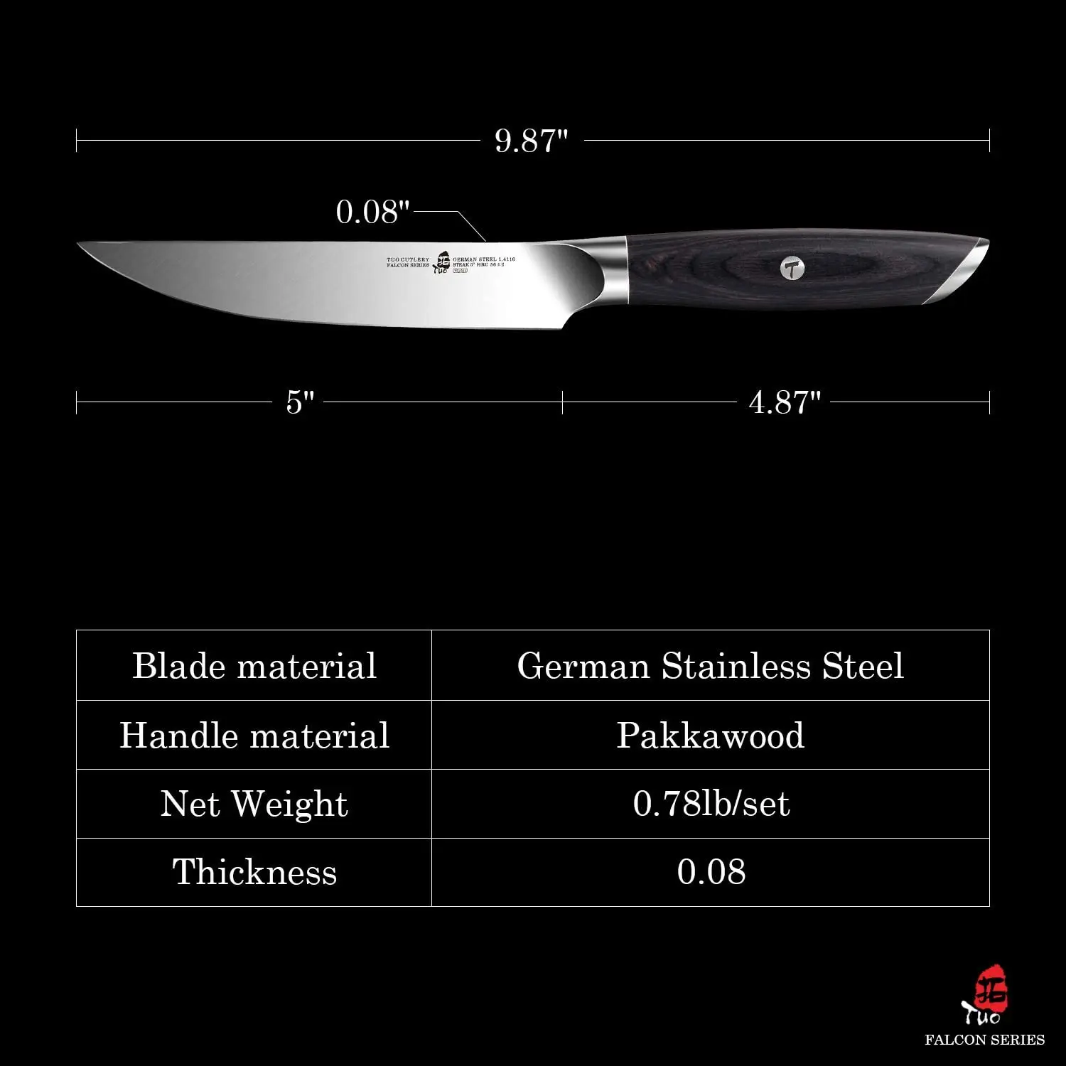 TUO Steak Knives - 5 inch Single Steak Knife Straight - German HC Steel  Dinner Table Knife - Full Tang Pakkwood Handle - Falcon Series with Gift Box