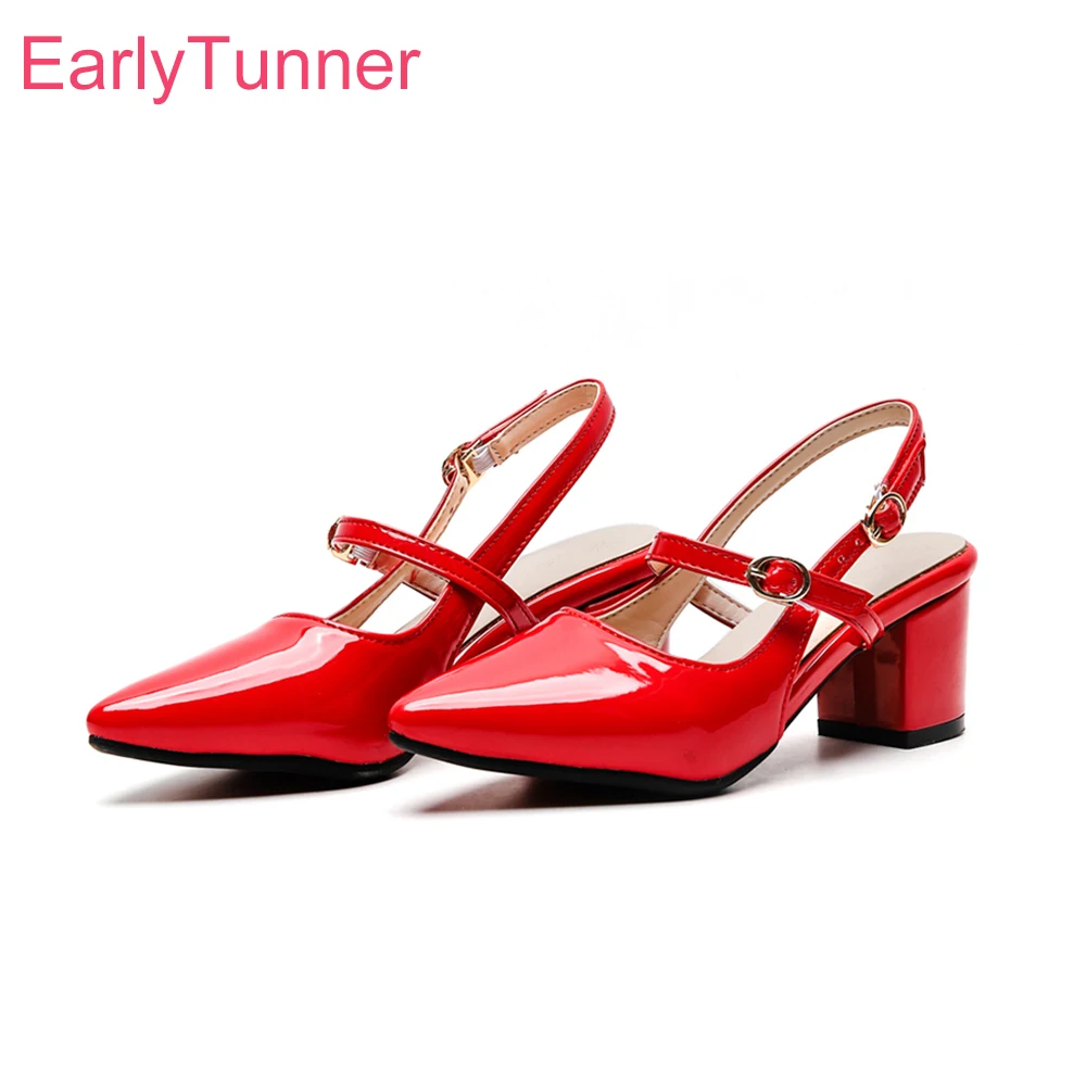 2023 New Summer Red Black Glossy Women Slingback Sandals Sweet Med High Heels Lady Formal Shoes