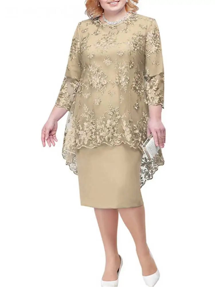 2026 Women Dress O-neck Midi Loose Dress S-8XL Lady Evening Lace Mesh Sexy Elegant Dress Female Clothing Summer Autumn 5