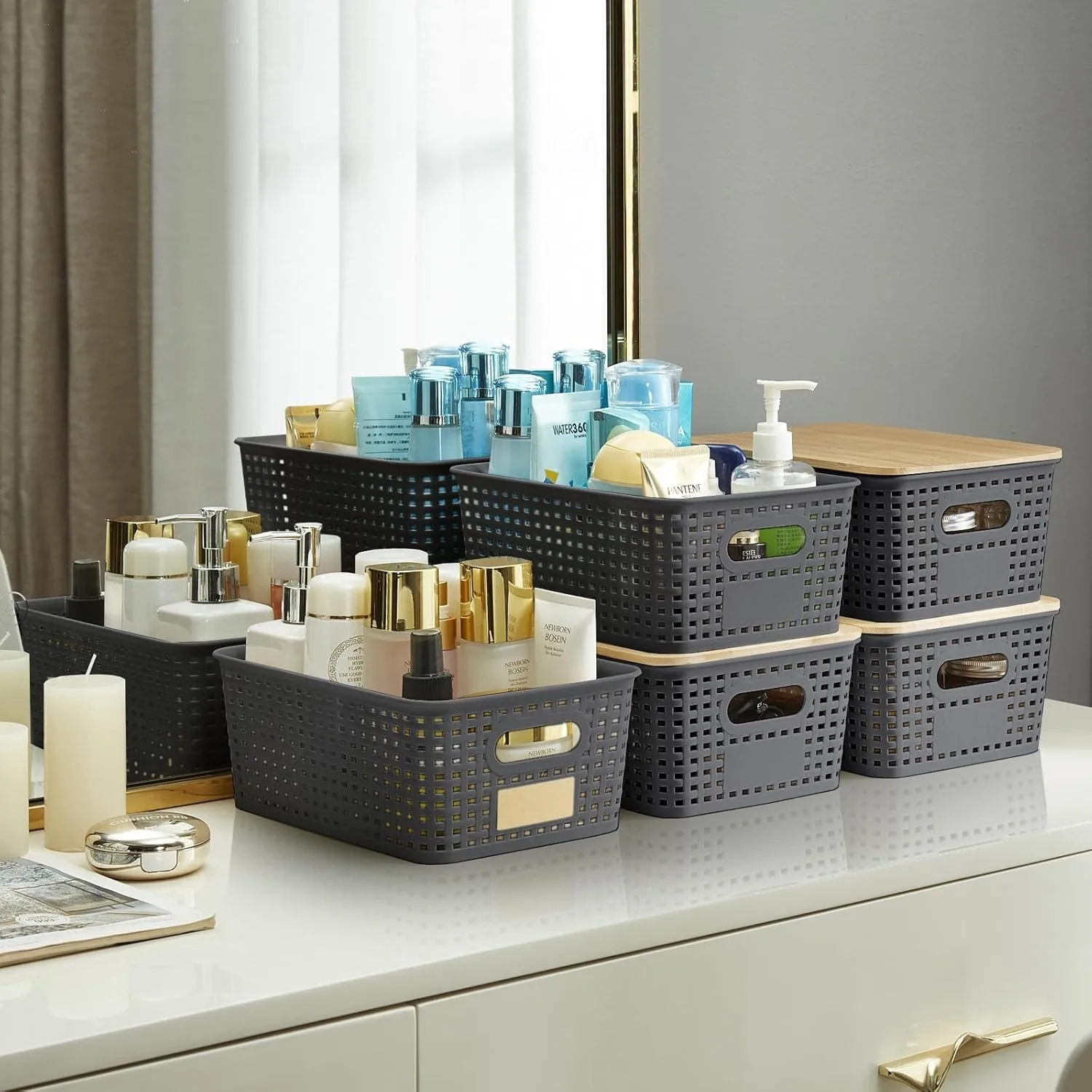 Small Plastic Storage Bins w/ Bamboo Lids 5.2qt Stackable Box Basket Decorative for Organizing Desktop Closet Office of 6 packs 6