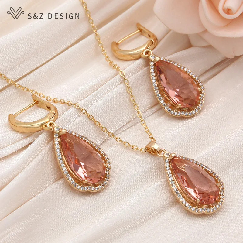 S&Z DESIGN New Fashion Elegant Champagne Cubic Zirconia Pendant Necklace For Women Wedding Party Jewelry Trendy Fine Gift