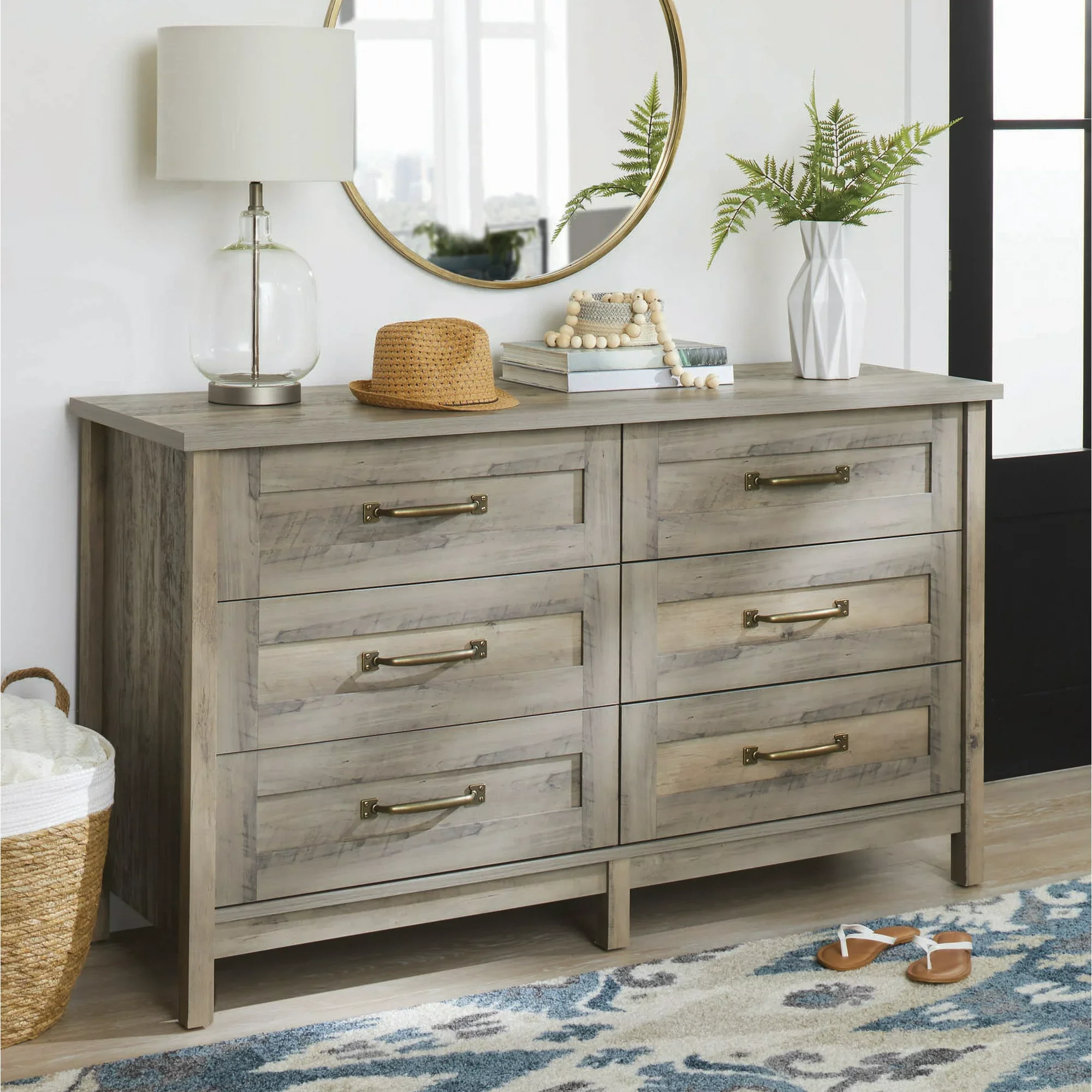 

Modern Farmhouse Spacious 6 - Drawer Wood Horizontal Dresser, Antique Brass Finish Metal Hardware,Rustic White/ Gray Finish