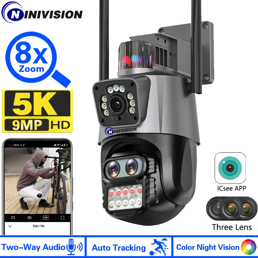 5K Wireless Outdoor Security 9Mp 3 Lens 8X Hybrid Zoom Light Alarm Tre Obiettivi Videosorveglianza Wifi Ip Ptz Cctv Network Camera