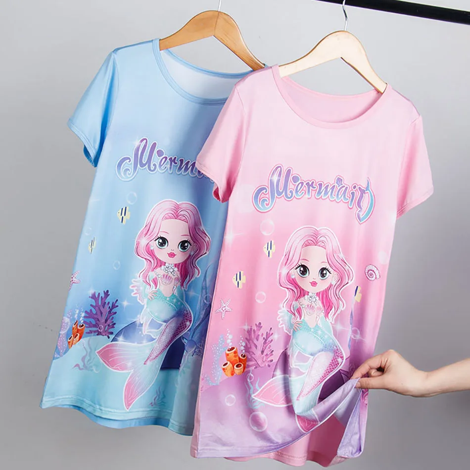 Children's Clothing Summer Short Sleeved Princess Dress Girl Mermaid Print Ice Silk Cute Sleeping Dress Sleepwear Nightgowns - Image 3