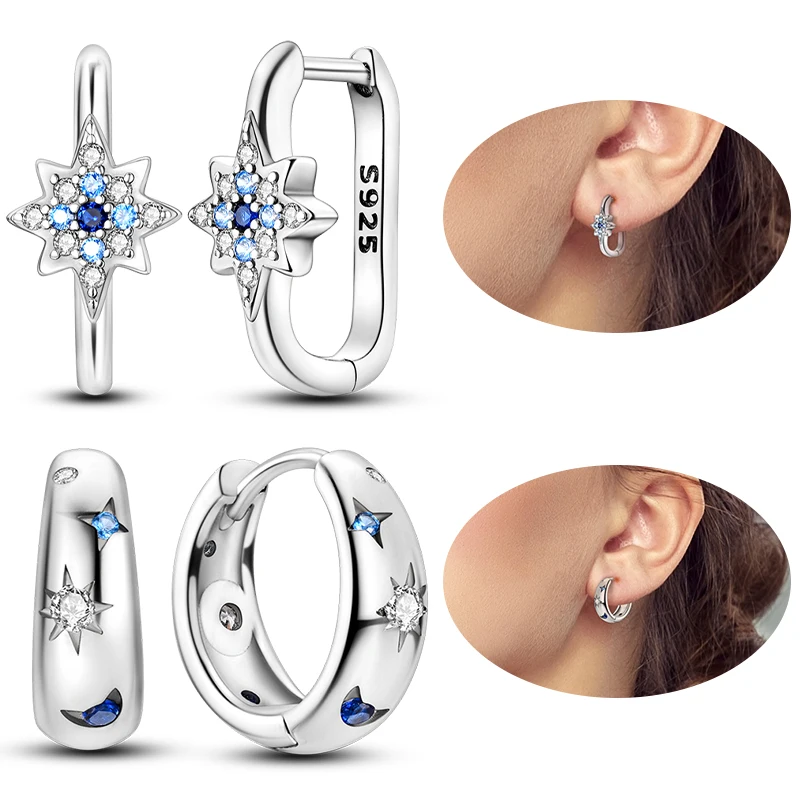 Orecchini Pendenti A Cerchio In Argento Sterling 925 Con Ciondoli Stella, Luna, Sole E Fulmine - Regalo Per Donna