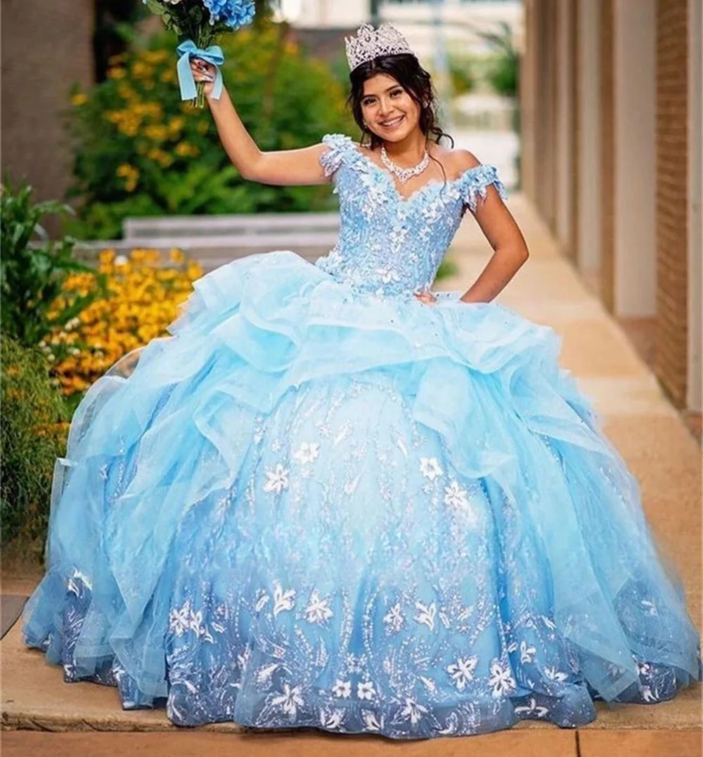 

Sky Blue Princess Quinceanera Dresses Ball Gown Off The Shoulder Tulle Appliques Sweet 16 Dresses 15 Años Mexican