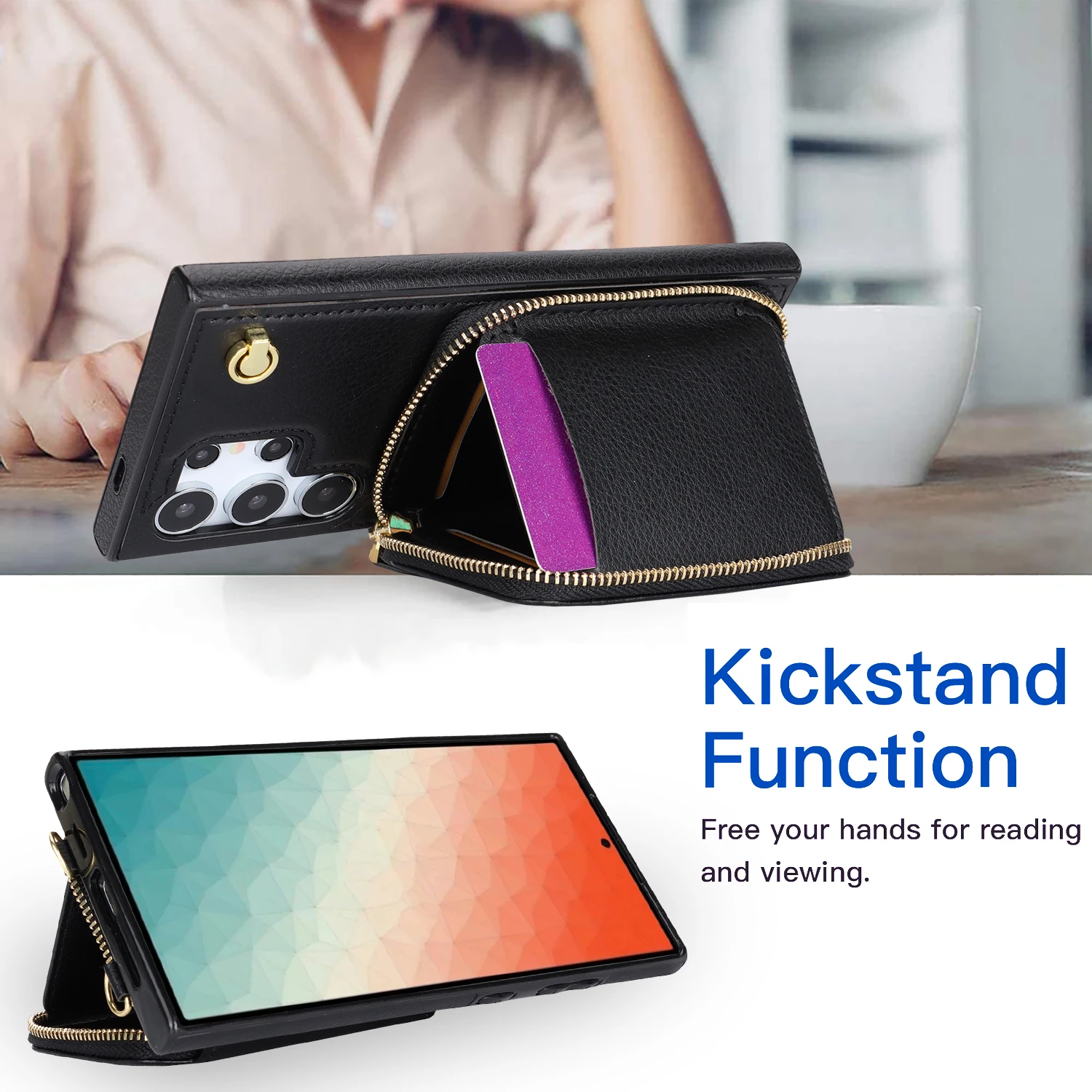 Crossbody Card Holder Wallet Case, Leather Zipper Handbag Purse, Flip Kickstand Folio Cover for Samsung Galaxy S24 Ultra S23 S22