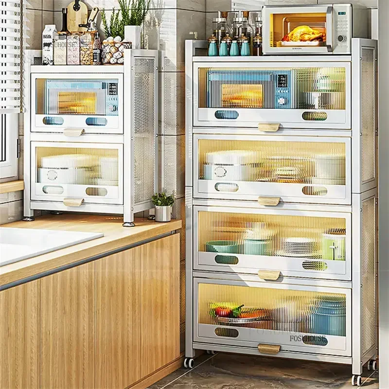 Multi-layer Carbon Steel Kitchen Cabinets Home Floor Racks Cupboard Locker Nordic Microwave Storage Cabinets with Acrylic Doors