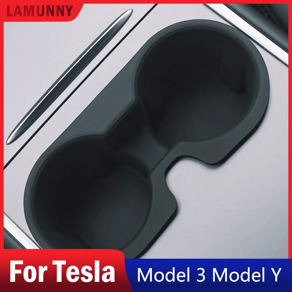 For 2024 2023 2022 2021 Tesla Model 3 Y Refresh Center Console Silicone Washable Cup Holder (Black Grey Cream)